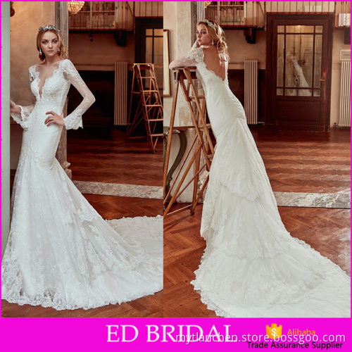 Ju1804 Custom Boat Neck Long Tail Long Sleeve Lace Suzhou Wedding Dress